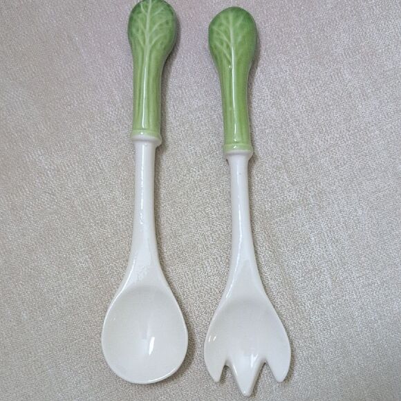 Green and White Ceramic Cabbage Handle Salad Servers - Picture 1 of 8